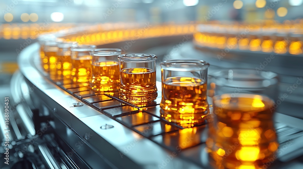 Glass Bottles Moving On Conveyor Belt In Factory Glass Bottles Moving On Conveyor Belt In Factory