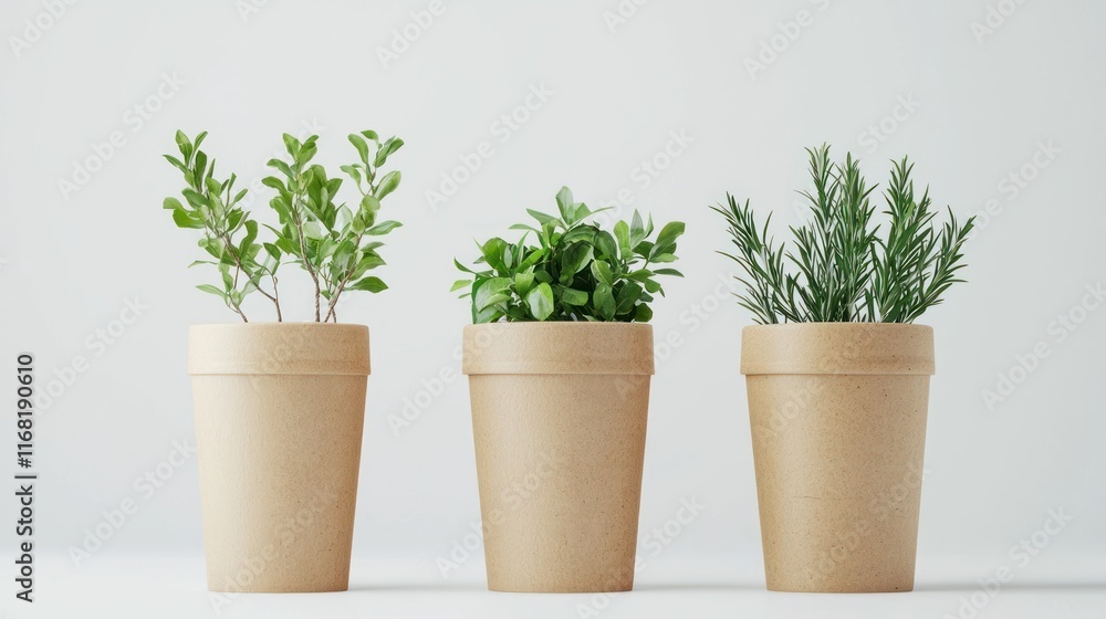 Three potted herbs in brown recyclable containers Three potted herbs in brown recyclable containers
