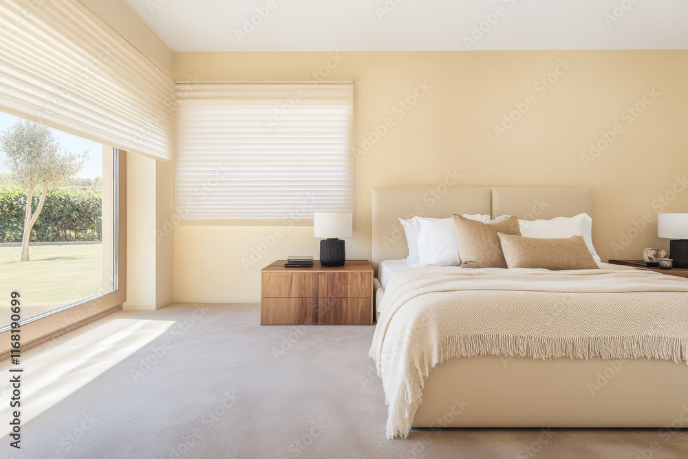 Fototapeta premium Bright and serene bedroom with modern decor and natural light during daytime