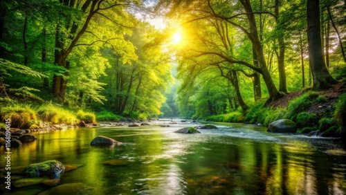 Scenic summer river, forest bokeh creates stunning reflections in the water.