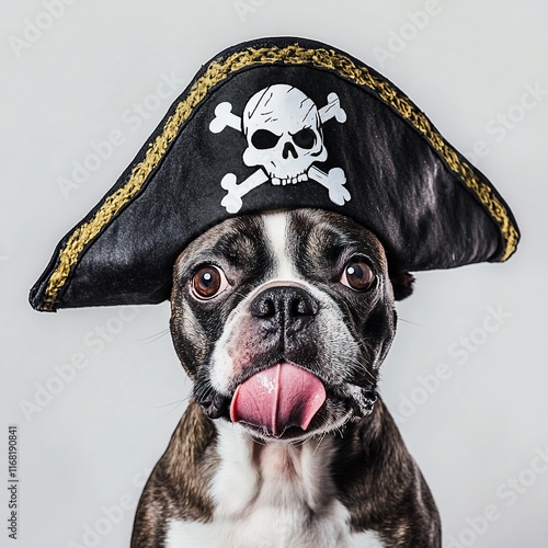 A Boston Terrier dog wearing a pirate hat. photo