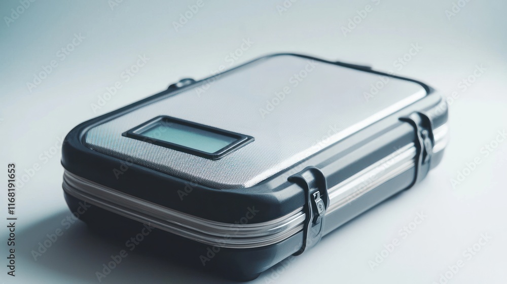 A sleek metallic hard case with a digital display A sleek metallic hard case with a digital display