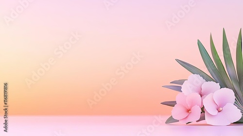 Pastel skies idea. Beautiful pink orchids with green leaves against a soft pastel background.