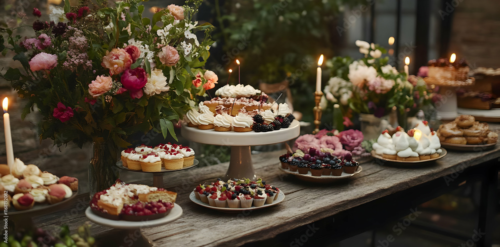 Birthday Background - A beautifully arranged dessert table with flowers and candles for a celebration. Birthday Background - A beautifully arranged dessert table with flowers and candles for a celebration.