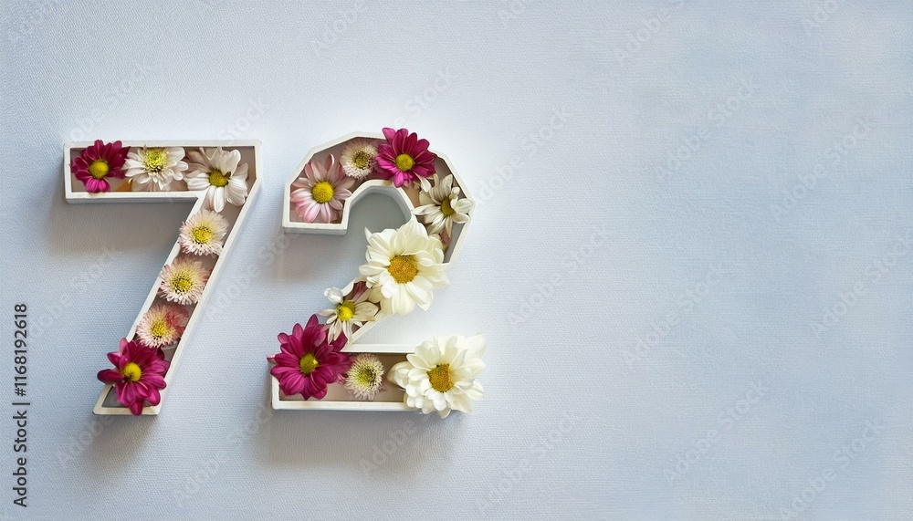 Number 72 with flowers on light backdrop, copy space. Generated image Number 72 with flowers on light backdrop, copy space. Generated image
