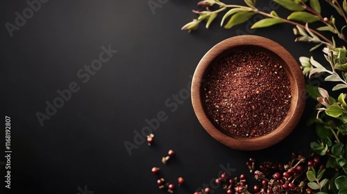 Wooden Bowl of Red Spice Blend with Herbs
