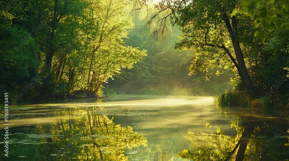 Unsurpassed quiet lake in the morning light surrounded by a forest, tree reflection on the water surface Unsurpassed quiet lake in the morning light surrounded by a forest, tree reflection on the water surface