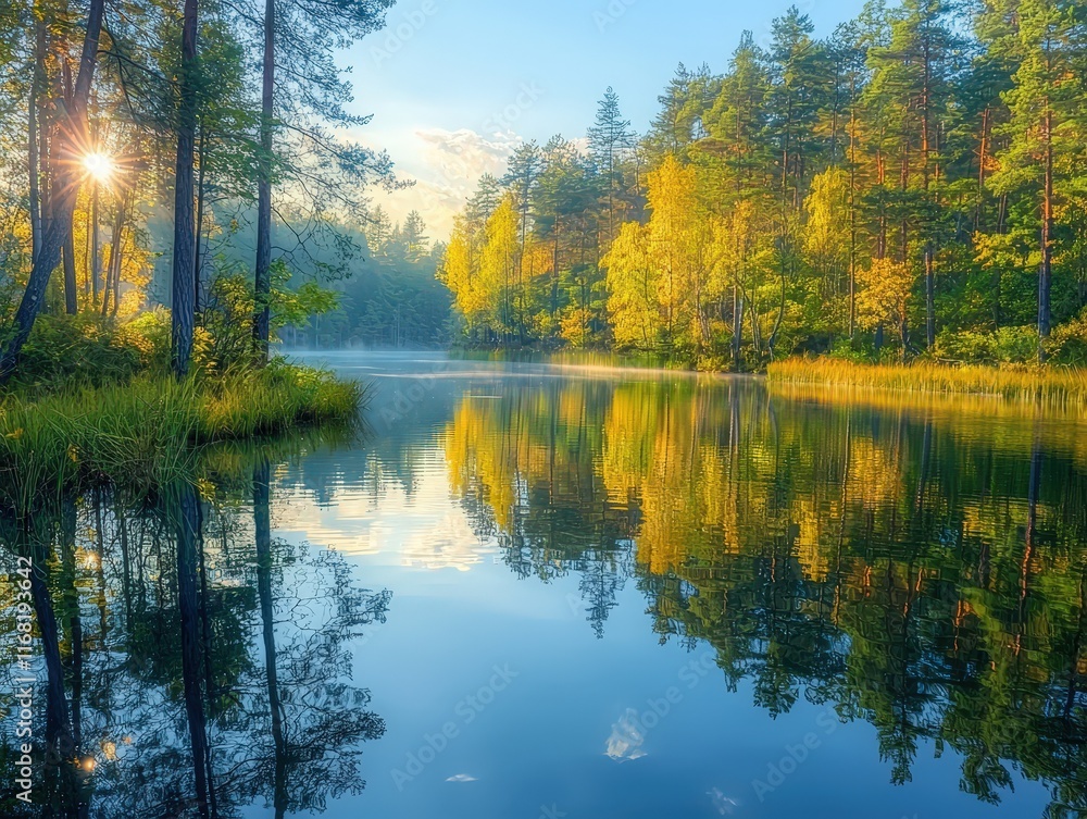 Fototapeta premium Unsurpassed quiet lake in the morning light surrounded by a forest, tree reflection on the water surface
