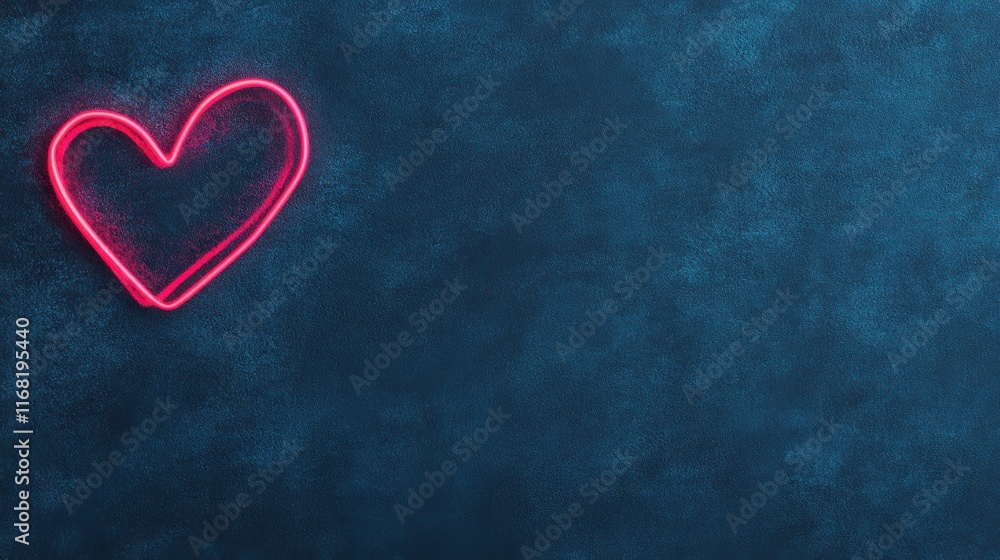 Obraz premium A bright pink neon heart glowing against a textured dark blue background, creating a modern and romantic atmosphere.