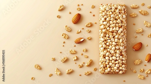 Granola bar, almonds, beige background, healthy snack, food photography photo