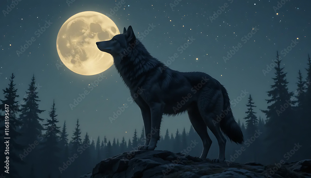 Majestic Wolf Howling at the Moon in a Mystical Night Forest Majestic Wolf Howling at the Moon in a Mystical Night Forest