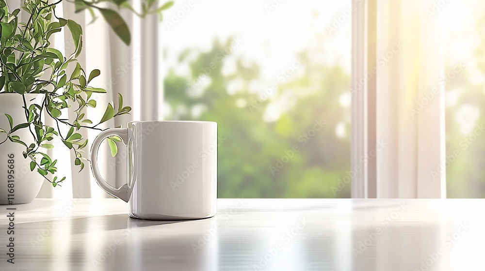 White mug on table near window with plant. White mug on table near window with plant.