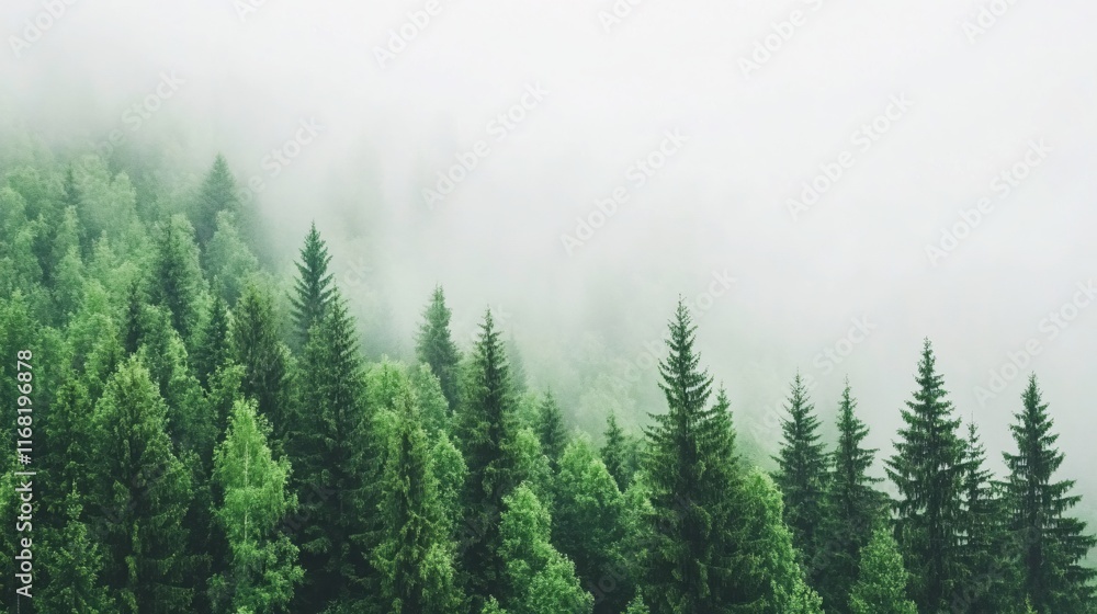Lush Green Forest Surrounded by Thick Fog on a Calm and Tranquil Morning Lush Green Forest Surrounded by Thick Fog on a Calm and Tranquil Morning