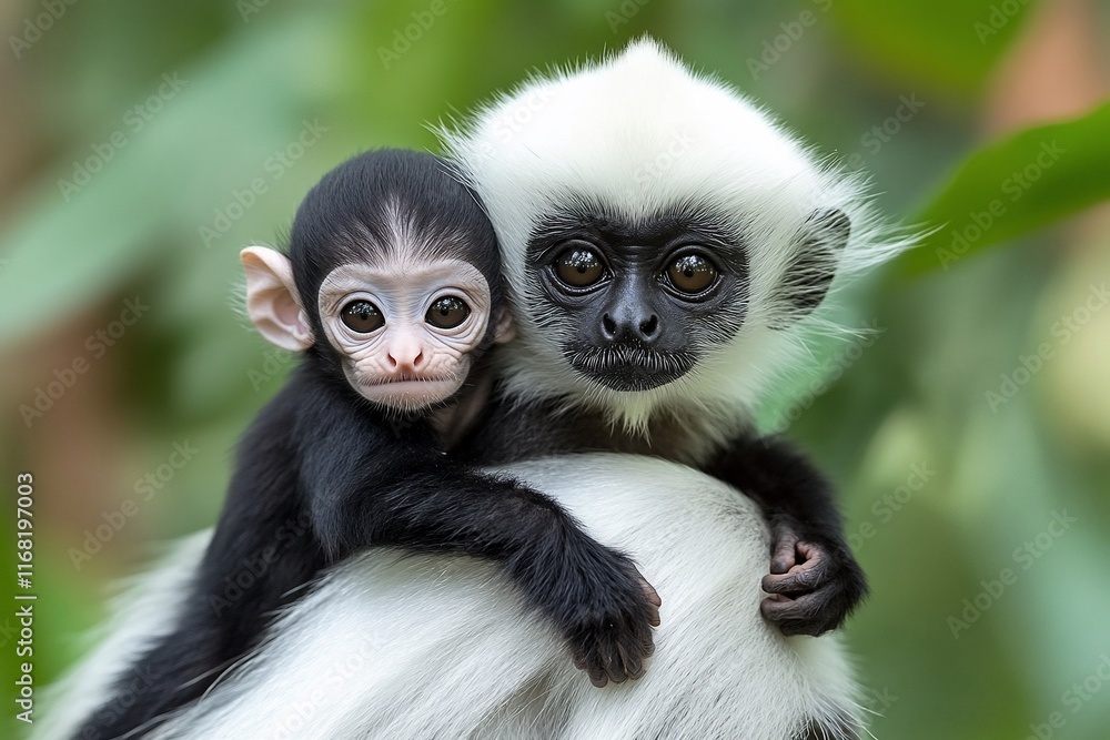 Adorable baby monkey clinging to its mother's back in lush green foliage. Adorable baby monkey clinging to its mother's back in lush green foliage.