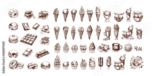 Vintage sketch of hand-drawn sweets, desserts, donuts, and ice cream