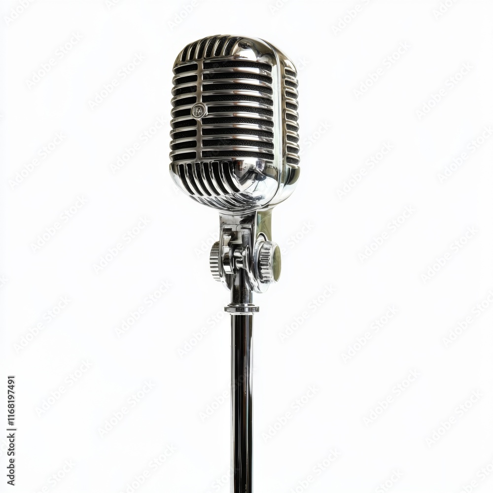 Fototapeta premium Classic Retro Microphone on Stand Captured Against a Minimalist White Background for Creative Projects