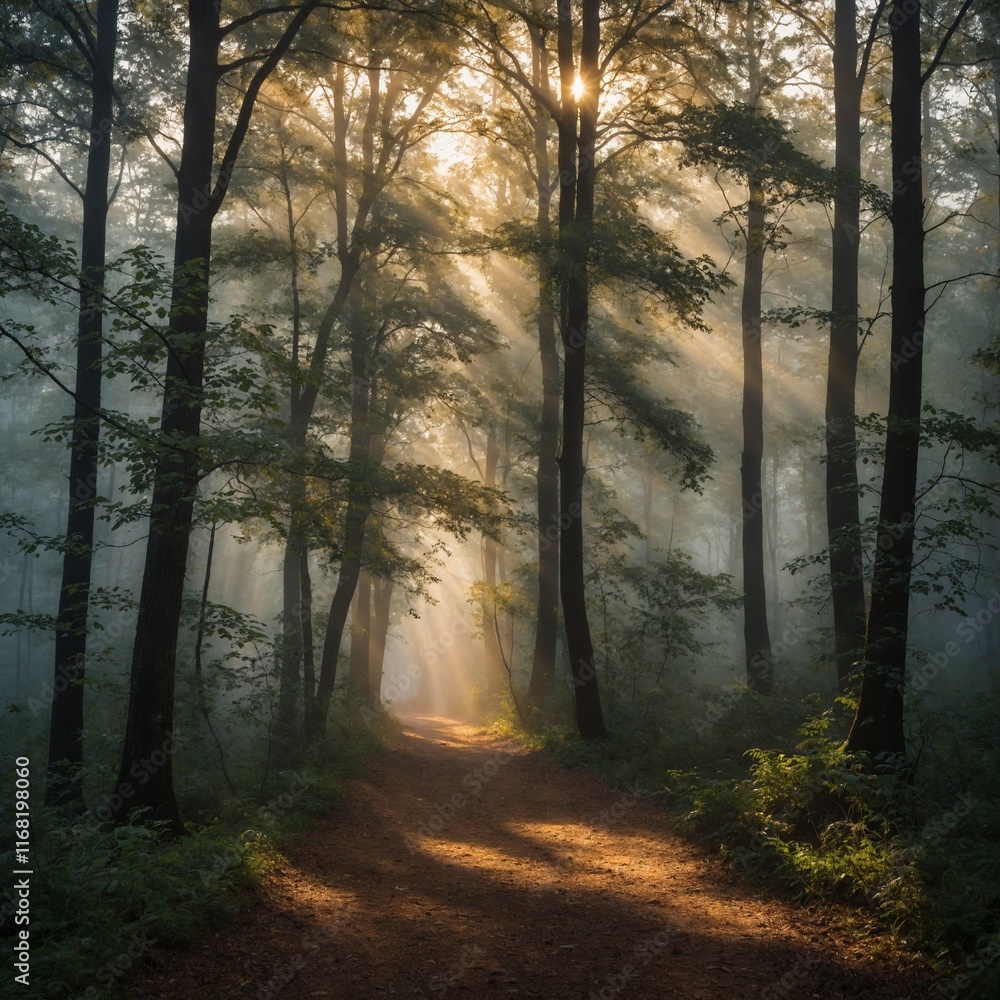 Obraz premium Leonardo_Kino_XL_Misty_Morning_Walk_A_foggy_forest_path_with_g