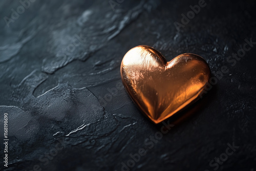 A minimalist black background with a single metallic rose gold heart