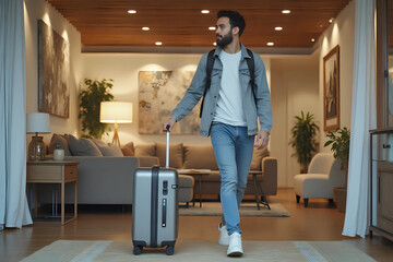 People getting ready for holidays travel trip concept. Single traveler man walking carry a luggage begin a journey. Men wear casual cloth and sneakers. Background in living room at home or hotel