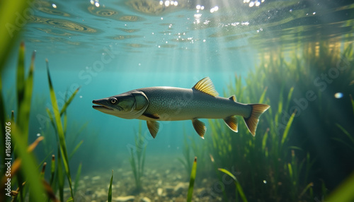 Majestic Lake Trout Swimming Gracefully in Crystal Clear Waters with Sunlit Background photo