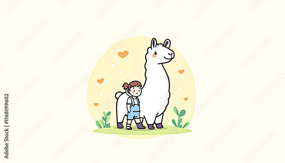 Cute llama in a sunny field with hearts Cute llama in a sunny field with hearts