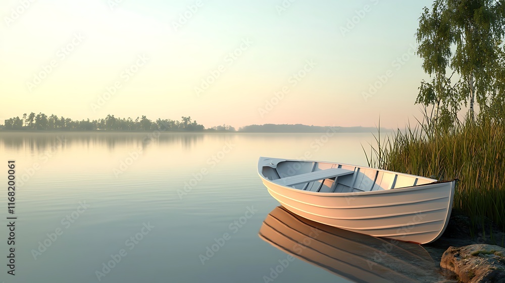 Serene Sunrise Rowboat on Calm Lake at Dawn Peaceful Nature Scene Serene Sunrise Rowboat on Calm Lake at Dawn Peaceful Nature Scene
