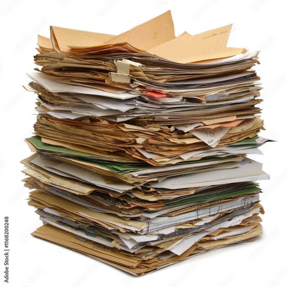 Disorganized Pile of Paperwork and Documents on a White Background for Office and Organizational Concepts Disorganized Pile of Paperwork and Documents on a White Background for Office and Organizational Concepts