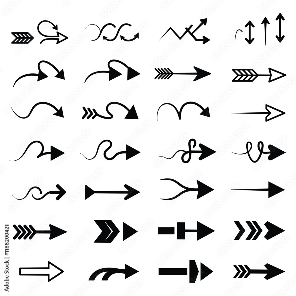 A set of Hand drawn arrow direction doodle with white background A set of Hand drawn arrow direction doodle with white background