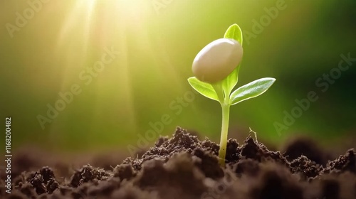 Fresh Green Seedling Emerging from Dark Soil Beneath Bright Sunlight Glow