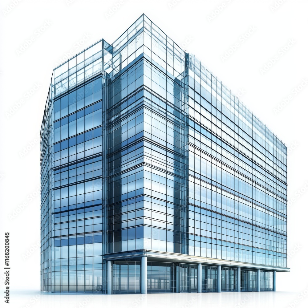 Modern Glass Office Building with Sleek Architecture and Reflective Facade Against White Background Modern Glass Office Building with Sleek Architecture and Reflective Facade Against White Background