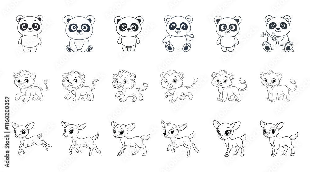 Cute cartoon baby panda lion and deer animals vector outline bundle set on white background Cute cartoon baby panda lion and deer animals vector outline bundle set on white background