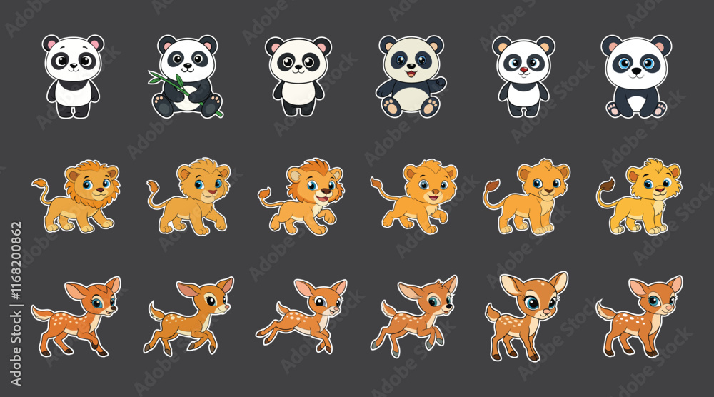 Obraz premium Cute cartoon baby panda lion and deer animals vector sticker bundle set