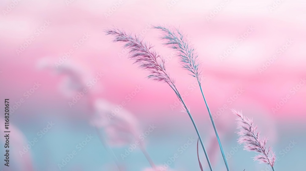 Fototapeta premium Pastel skies concept. Soft pastel grasses swaying gently against a dreamy, blurred backdrop of pink and blue.