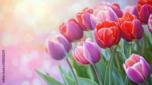 Vibrant Spring Tulips Blooming in Soft Sunlight Closeup View of Colorful Flowers