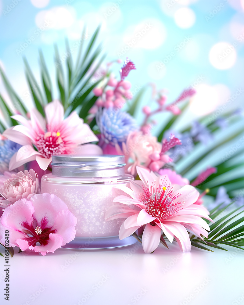 A jar of cream is surrounded by flowers A jar of cream is surrounded by flowers