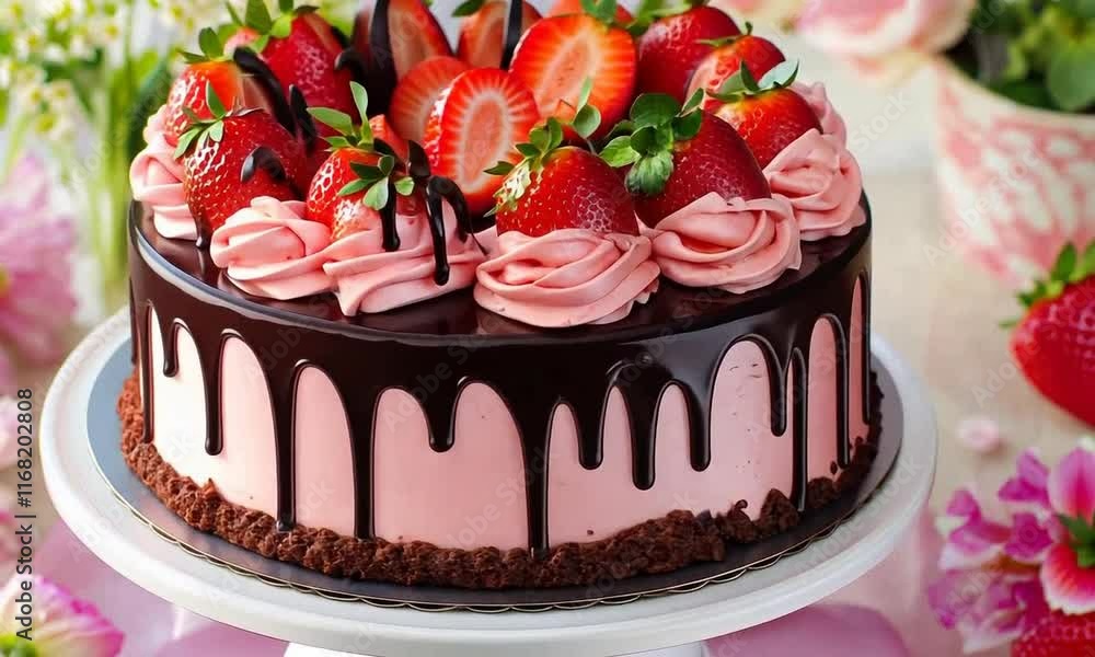 Closeup of strawberry cake filled with strawberries in a plate Closeup of strawberry cake filled with strawberries in a plate
