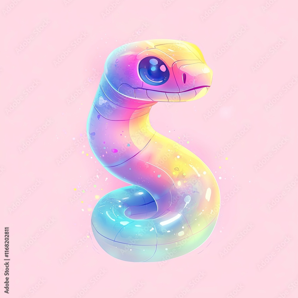 Fototapeta premium A dazzling, whimsical rainbow snake character coiled with a bright pastel gradient and expressive features against a soft pink background