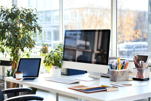 Wallpaper Mural Bright Modern Workspace: Desk with Computer, Tablet, and Plants Torontodigital.ca