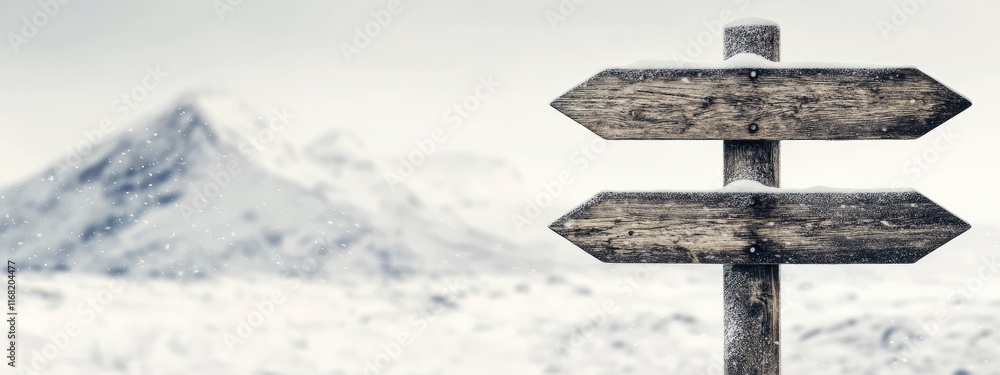 A weathered wooden signpost in a snowy landscape, pointing towards different directions amidst a serene mountain backdrop A weathered wooden signpost in a snowy landscape, pointing towards different directions amidst a serene mountain backdrop