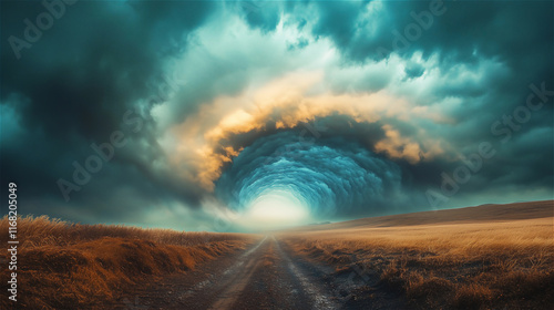 An atmospheric scene with a tunnel formed by clouds in the sky, a dirt road leading to it, and a field on each side of that path. Images of the unknown, unclear, and anxious photo