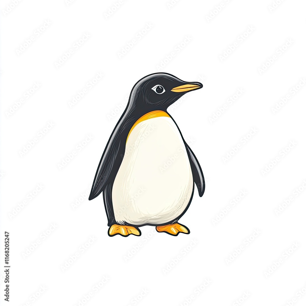Fototapeta premium A charming illustration of a cartoon penguin standing confidently with its distinctive black and white plumage, adding a cheerful vibe to any design project