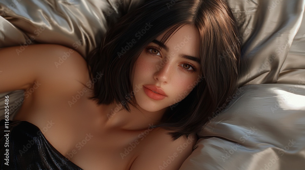 Obraz premium Relaxing portrait of a young woman cozy bedroom photography soft lighting close-up serenity