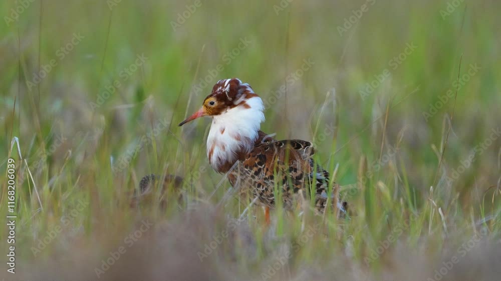 Red male ruff with white collar displaying in grass field on breeding site Red male ruff with white collar displaying in grass field on breeding site