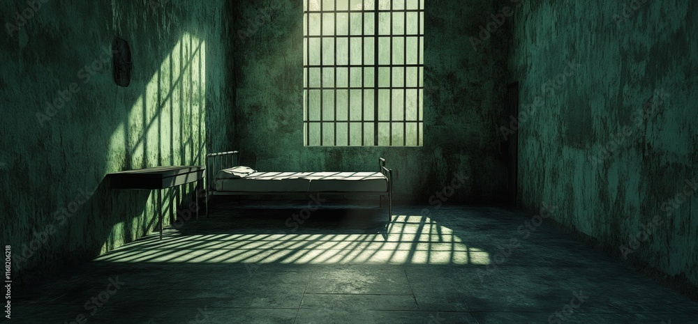 Abandoned, dimly lit room with a bed and barred window. Abandoned, dimly lit room with a bed and barred window.