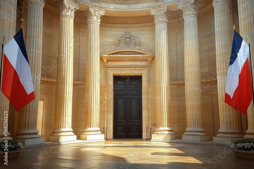 Entrance Portal of the Hôtel de Matignon, Official Residence of the French Prime Minister in Paris, with French Flags Displayed photo