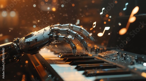 Robotic Hand Composing Melodic Symphony on Piano with Glowing Notes, Generative AI photo