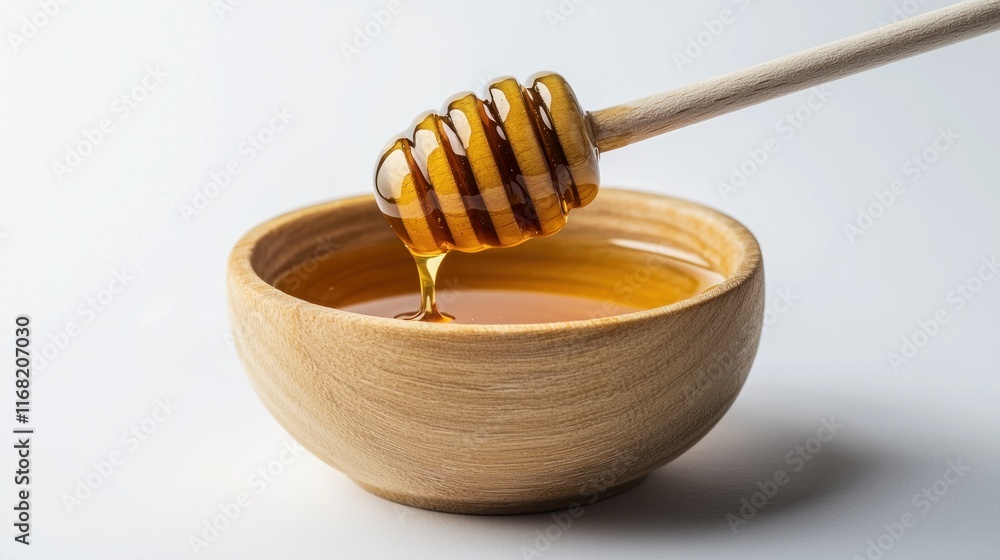 Golden Honey Dripping From Wooden Honey Dipper Into Bowl Golden Honey Dripping From Wooden Honey Dipper Into Bowl