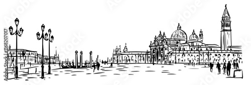 venice st mark's square with historic buildings and tourists, black vector sketch illustration