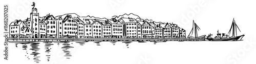 harbor town with historic buildings and sailing ships, black vector sketch illustration