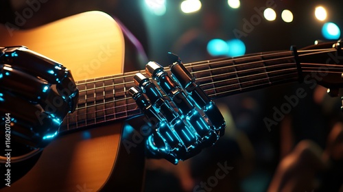 Robotic Hand Playing Acoustic Guitar on Stage with Warm Ambient Lighting, Generative AI photo